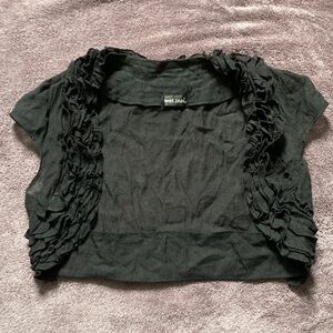 Wet Seal Y2K Black Ruffle-Trim Short Cap Sleeve Bolero Shrug Sheer Back